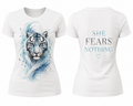 She Fears Nothing white tiger empowerment t-shirt front and back view