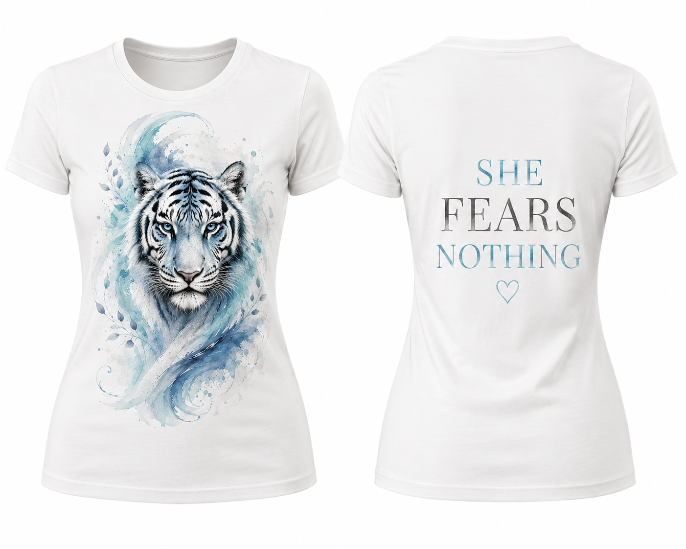 She Fears Nothing white tiger empowerment t-shirt front and back view