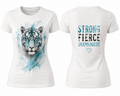 Strong Fierce Unapologetic white tiger empowerment t-shirt front and back view
