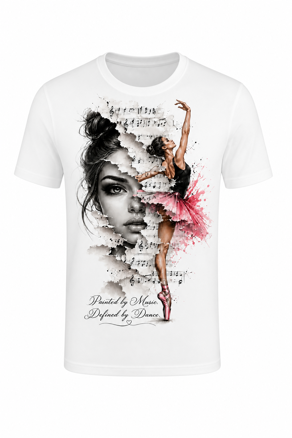 Painted by Music. Defined by Dance. dance t-shirt with ballet dancer and music sheet print