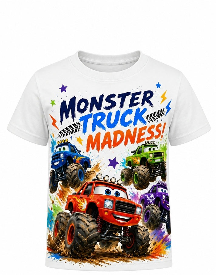 Monster Truck Madness kids T-Shirt with colourful cartoon monster trucks graphic