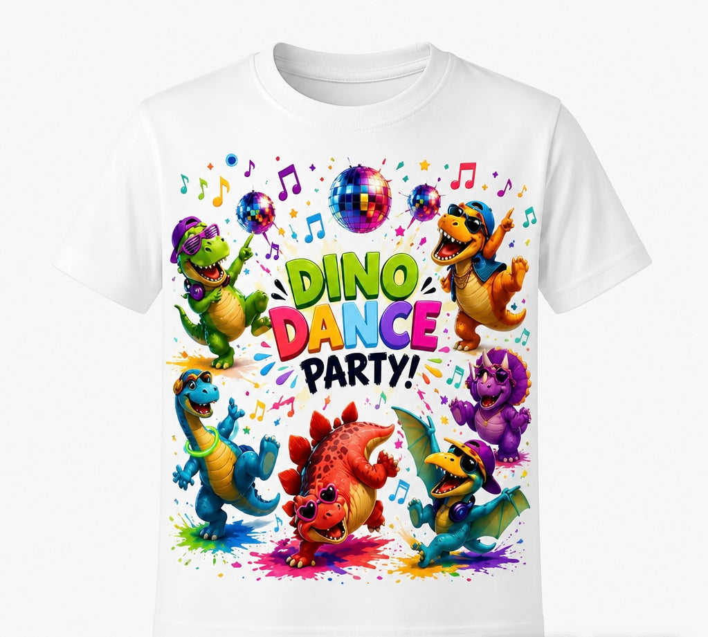Dino Dance Party T-Shirt with colourful cartoon dinosaurs and disco ball graphic